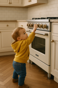 Toddler reaching up to the knobs on the front of a stove.