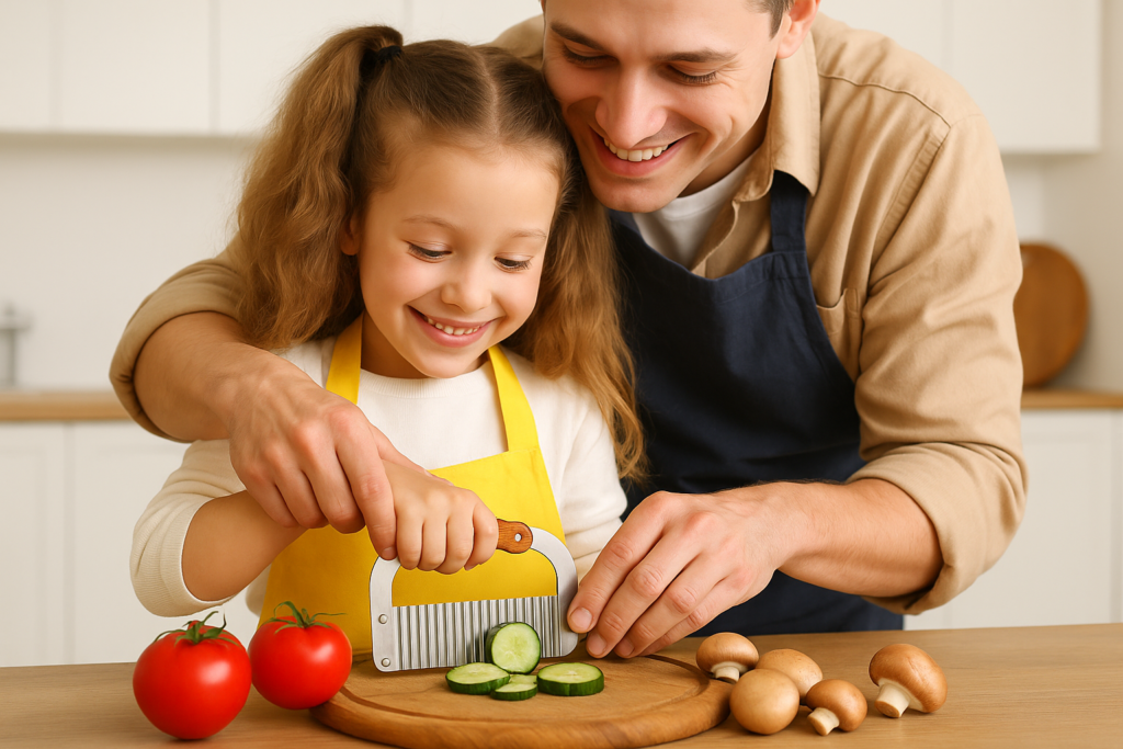 Young girl cutting veggies with Crinkle Cutter Knife