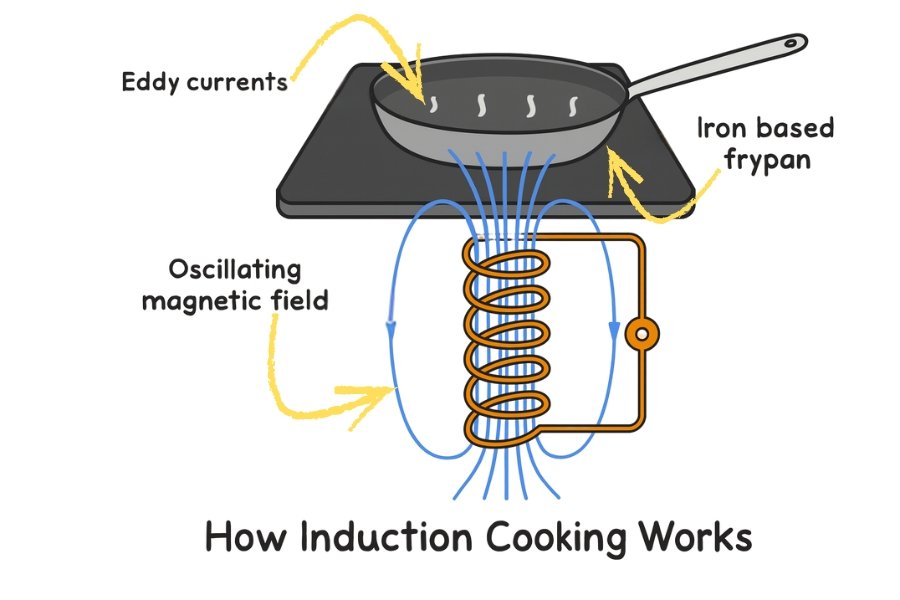 Diagram of an induction burner showing the copper coil beneath the glass surface.