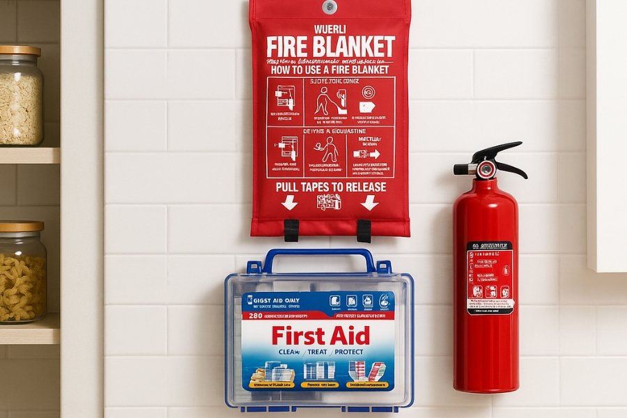 Kitchen Safety Must-Haves. Sold separately. Fire blanket, first aid kit, kitchen fire extinguisher.