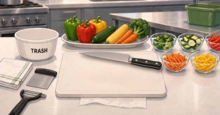 Organized knife-safety workstation with a secured cutting board, chef’s knife, trash bowl, and prepared vegetables