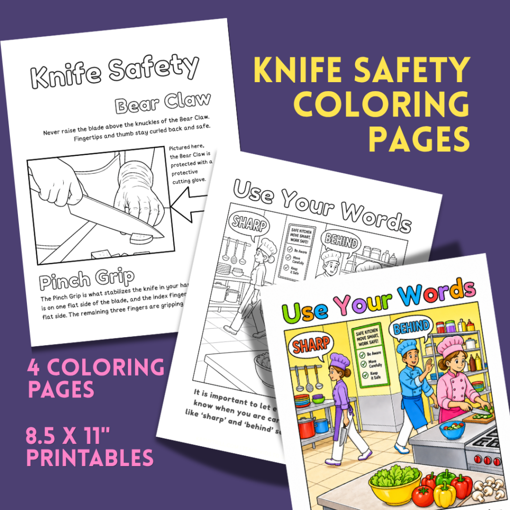 Coloring pages in the background. The foreground there is a page that is colored. Text reads Knife Safety Coloring Pages 8.5 x11"