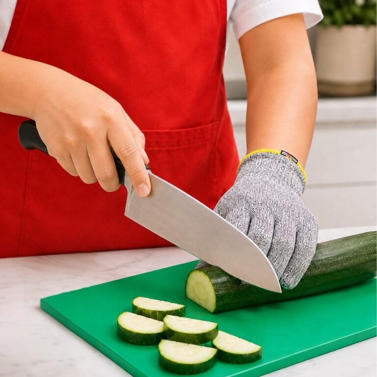 Protecting the guiding hand with a cut-resistant glove while using a chefs knife to cut a zucchini on a green cutting board.