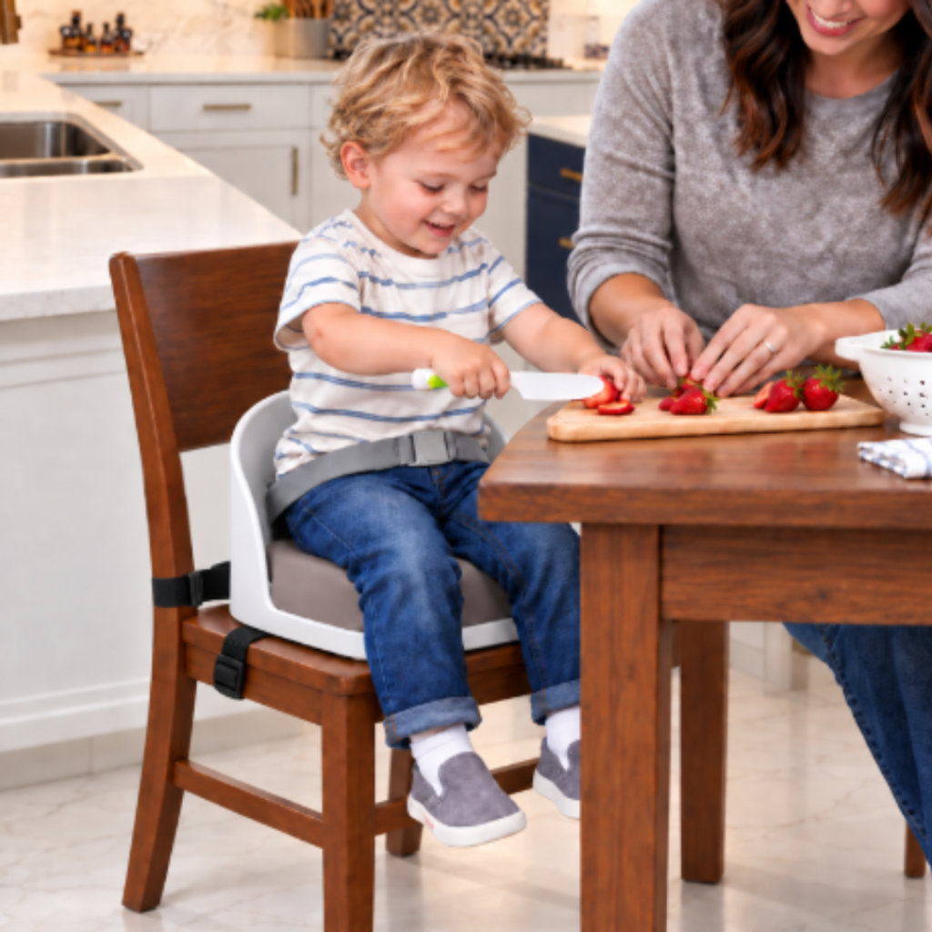 Child and adult seated at a kitchen table. Child is seated in a booster seat that is strapped to the chair.