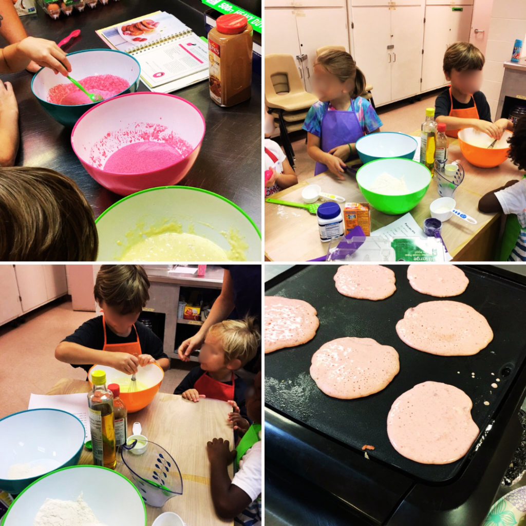 Kids cooking class making pink pancakes.