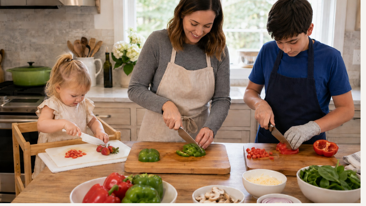 Adult supervising two children practicing safe vegetable cutting skills in a home kitchen.