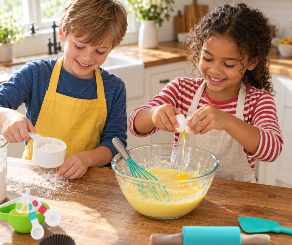 Two kids cooking, one cracks an egg, the other measures.